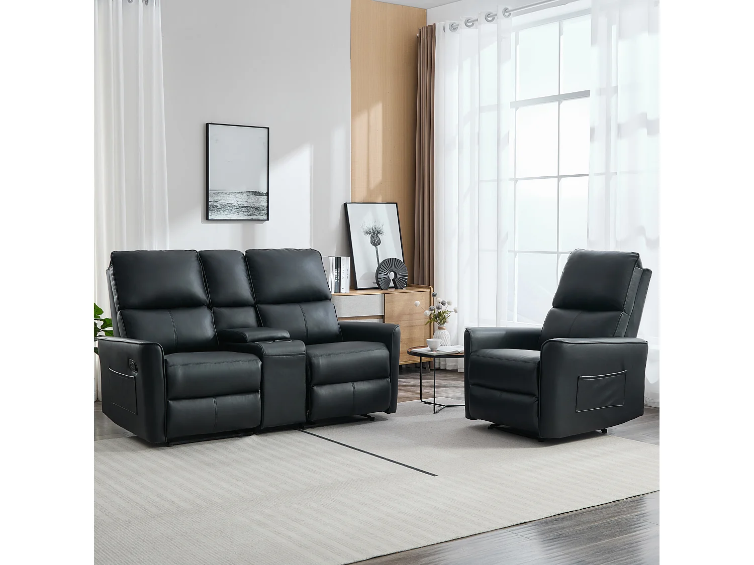 Madrid 1+2 Seater W Console Manual Air Leather Recliner Sofa Set