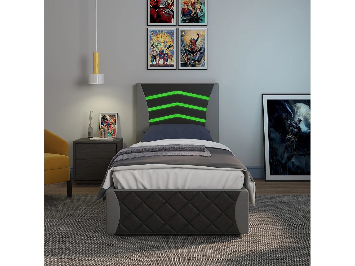 Galaxy Ottoman Storage LED Headboard Gaming Single Black Bed Frame w 20cm Deep Pocket Comfort Foam Mattress