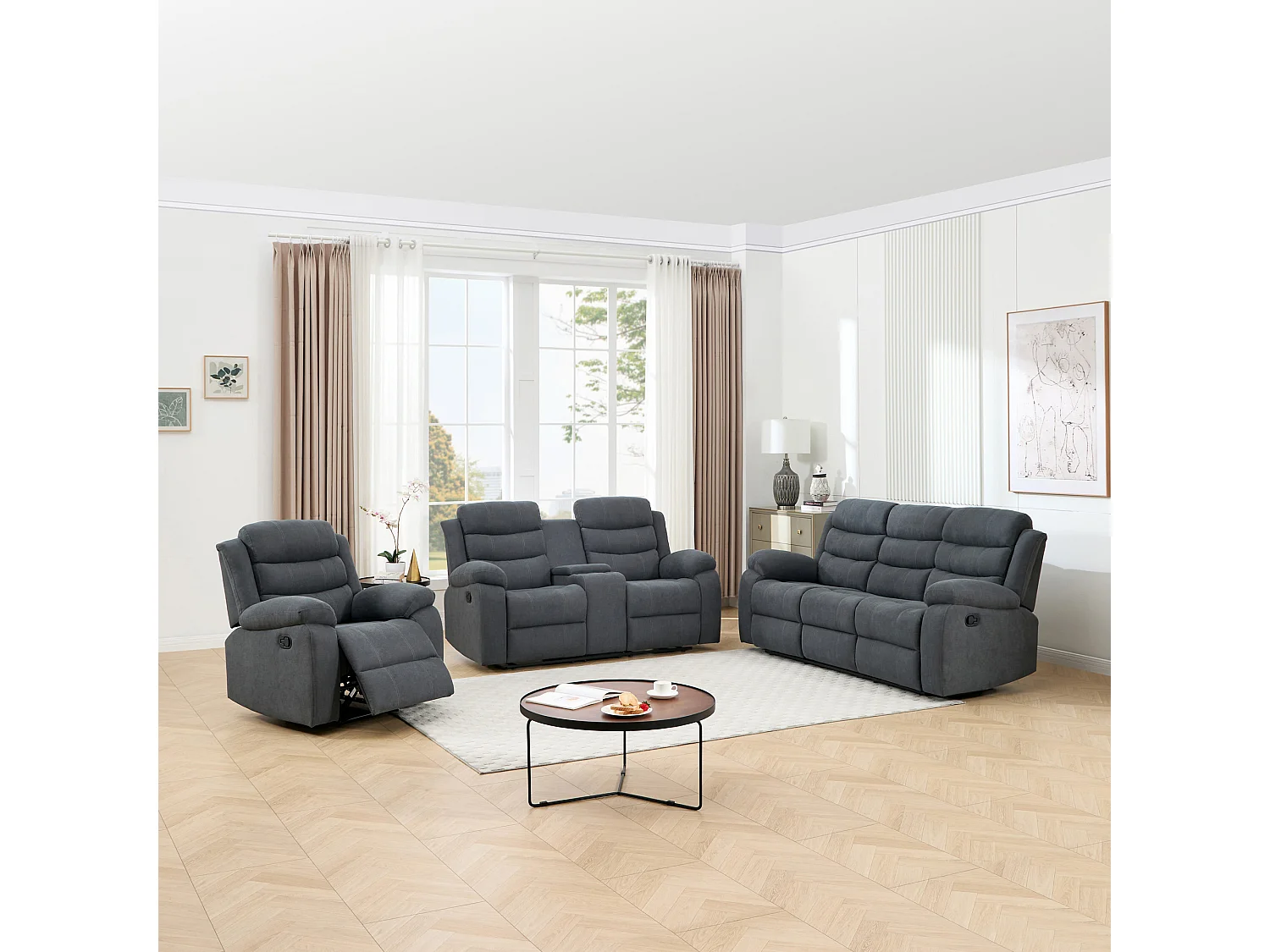 Boston Manual Recliner Fabric 1+2+3 Seater Sofa Set w Drinks Console