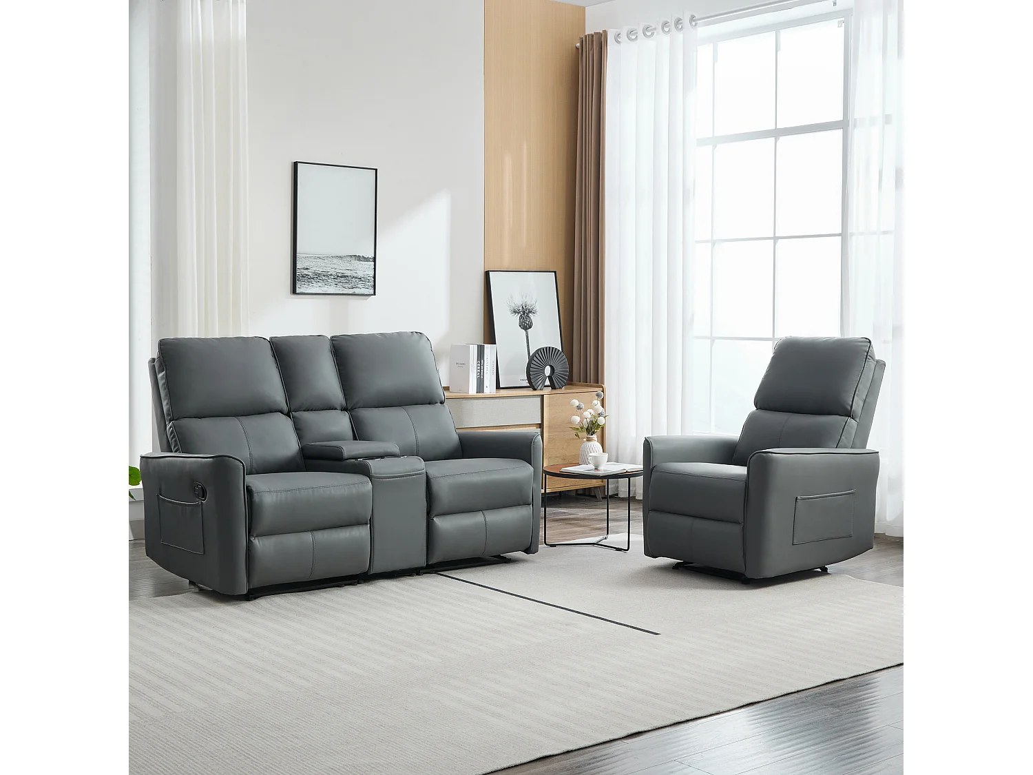 Madrid 1+2 Seater W Console Manual Air Leather Recliner Sofa Set