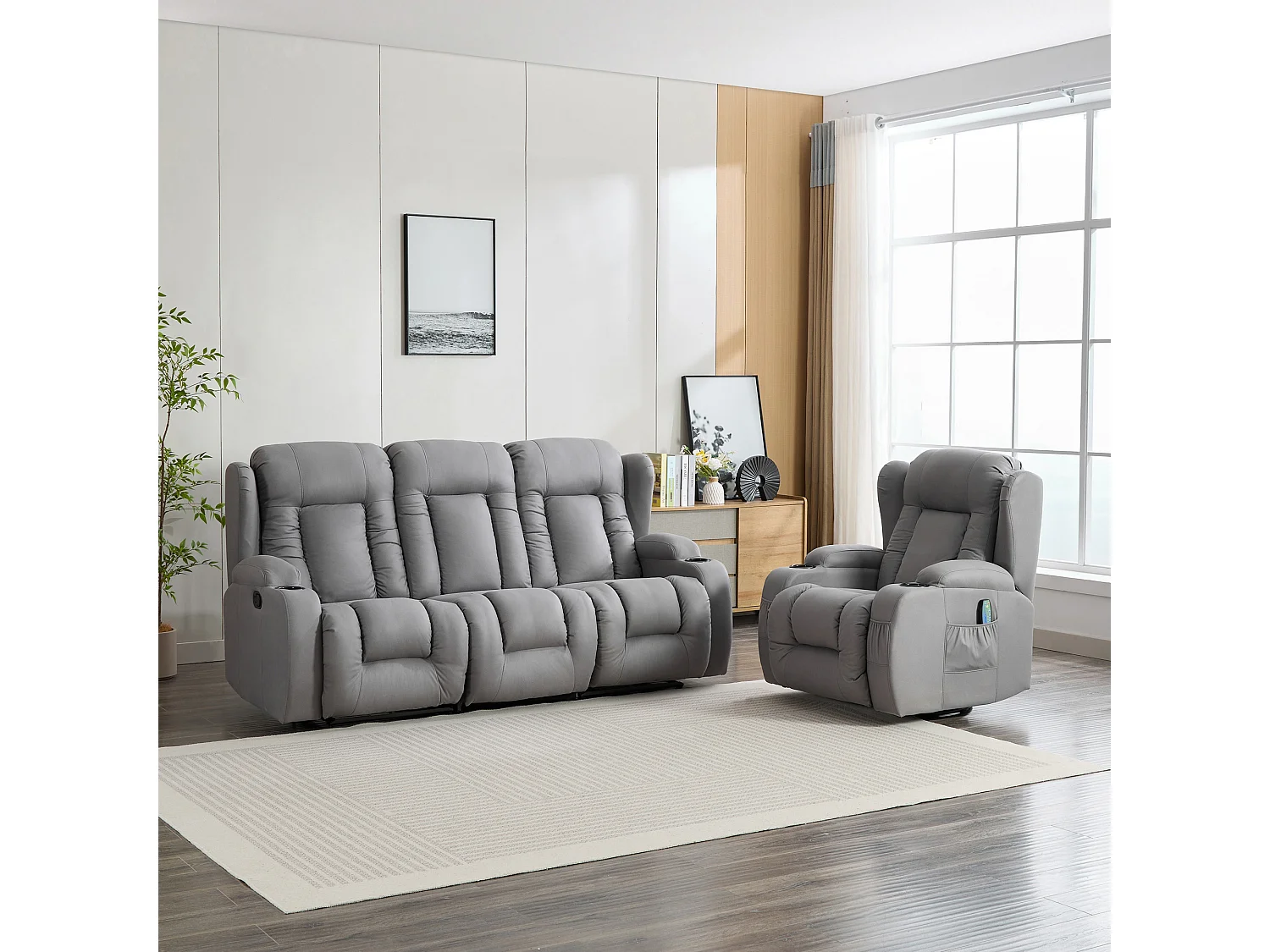 Caesar 1+3 Seater Grey Technology Fabric Modern Manual Recliner Sofa Set