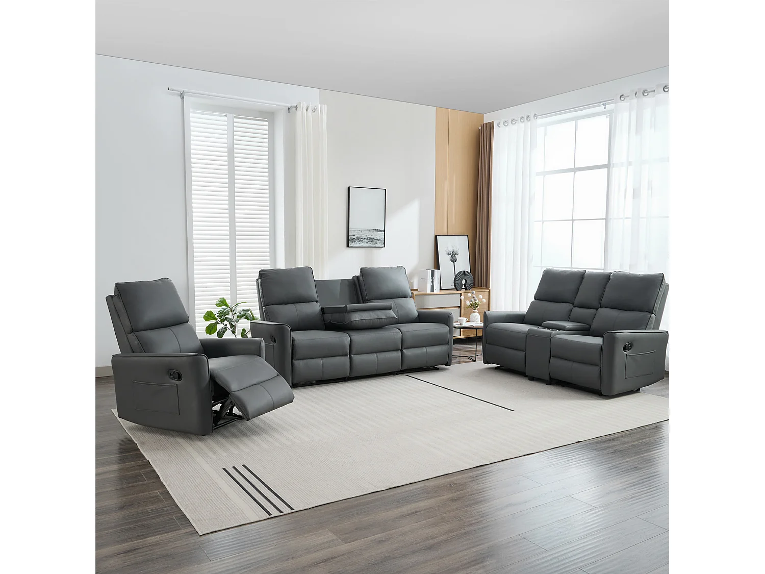 Madrid 1+2+3 Seater W Console Manual Air Leather Recliner Sofa Set