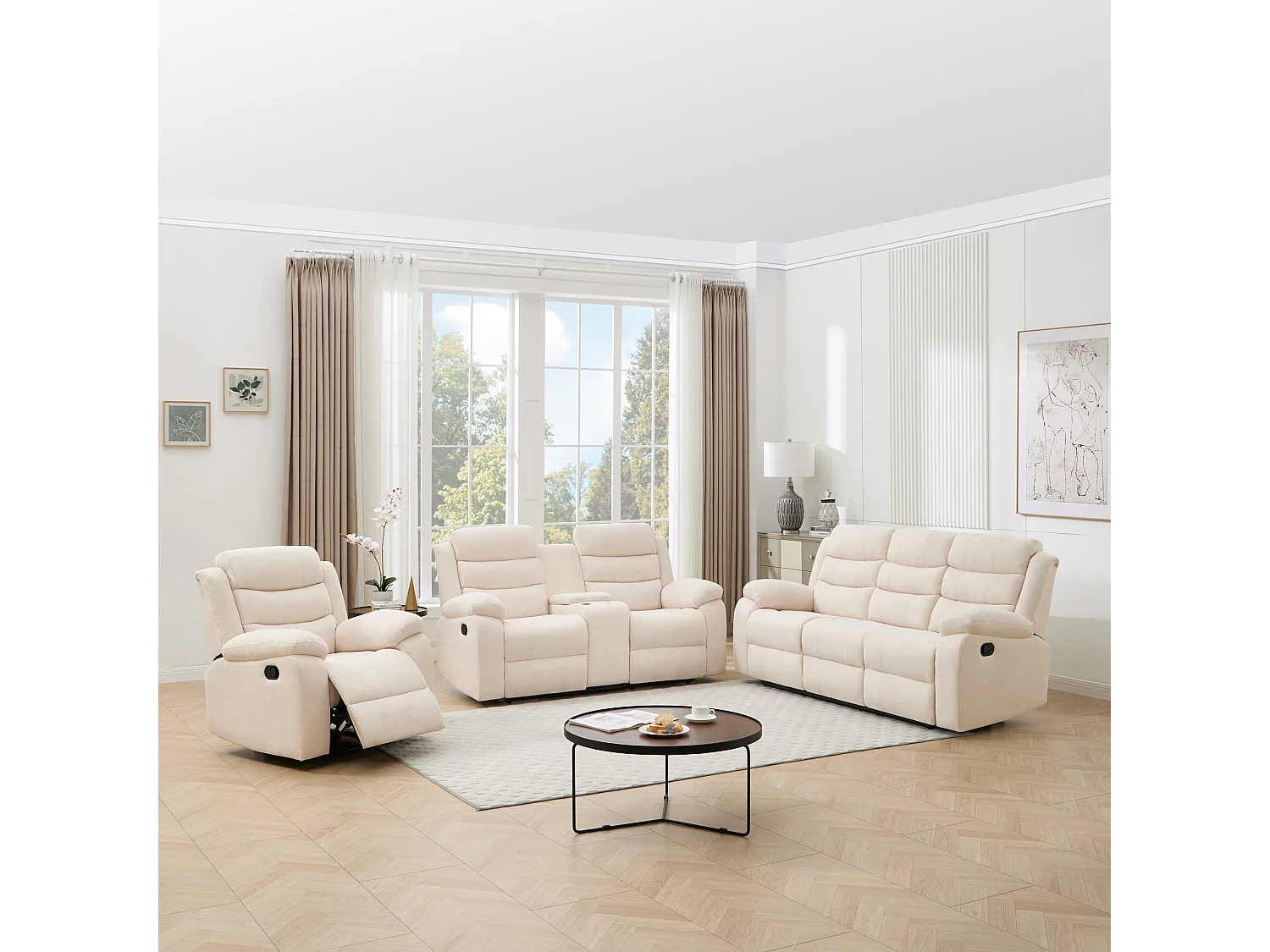 Boston Manual Recliner Fabric 1+2+3 Seater Sofa Set w Drinks Console