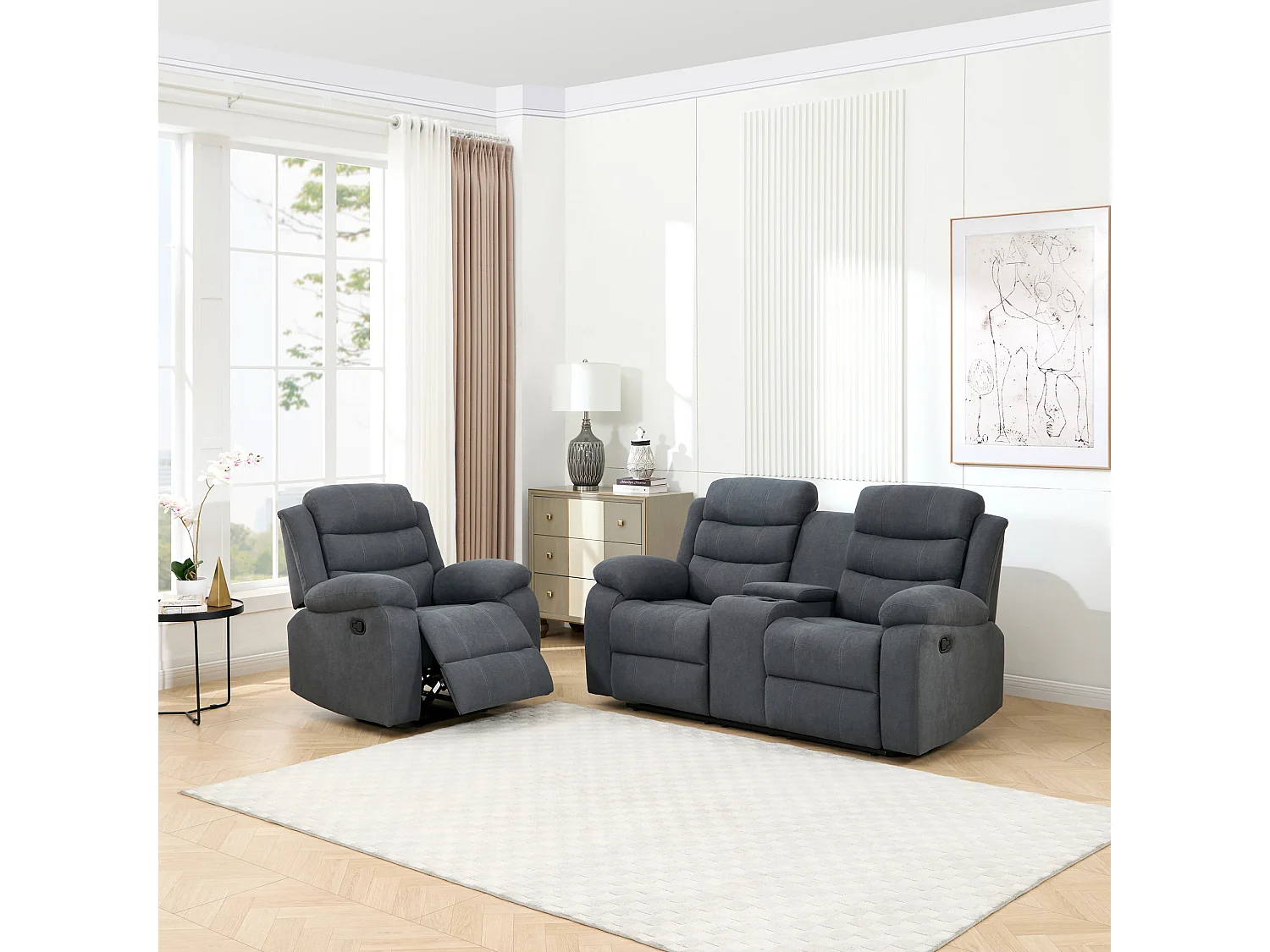 Boston Manual Recliner Fabric 1+2 Seater Sofa Set w Drinks Console