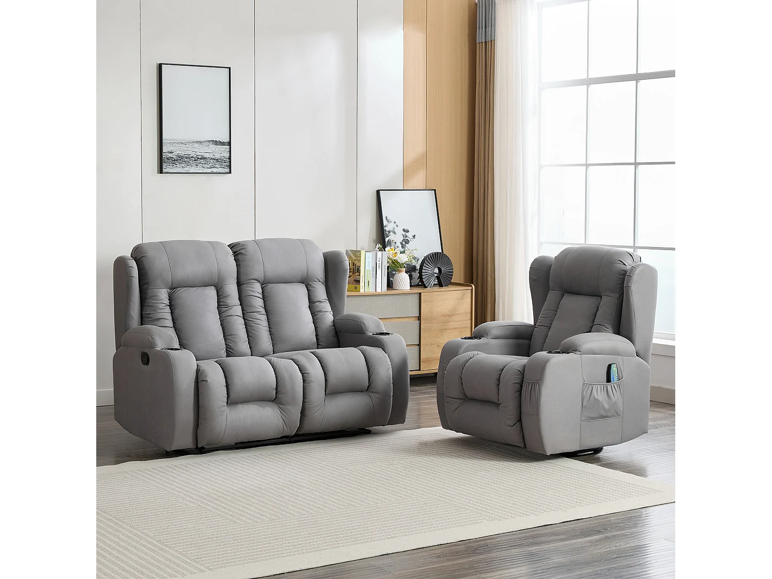 Caesar 1+2 Seater Grey Technology Fabric Modern Manual Recliner Sofa Set