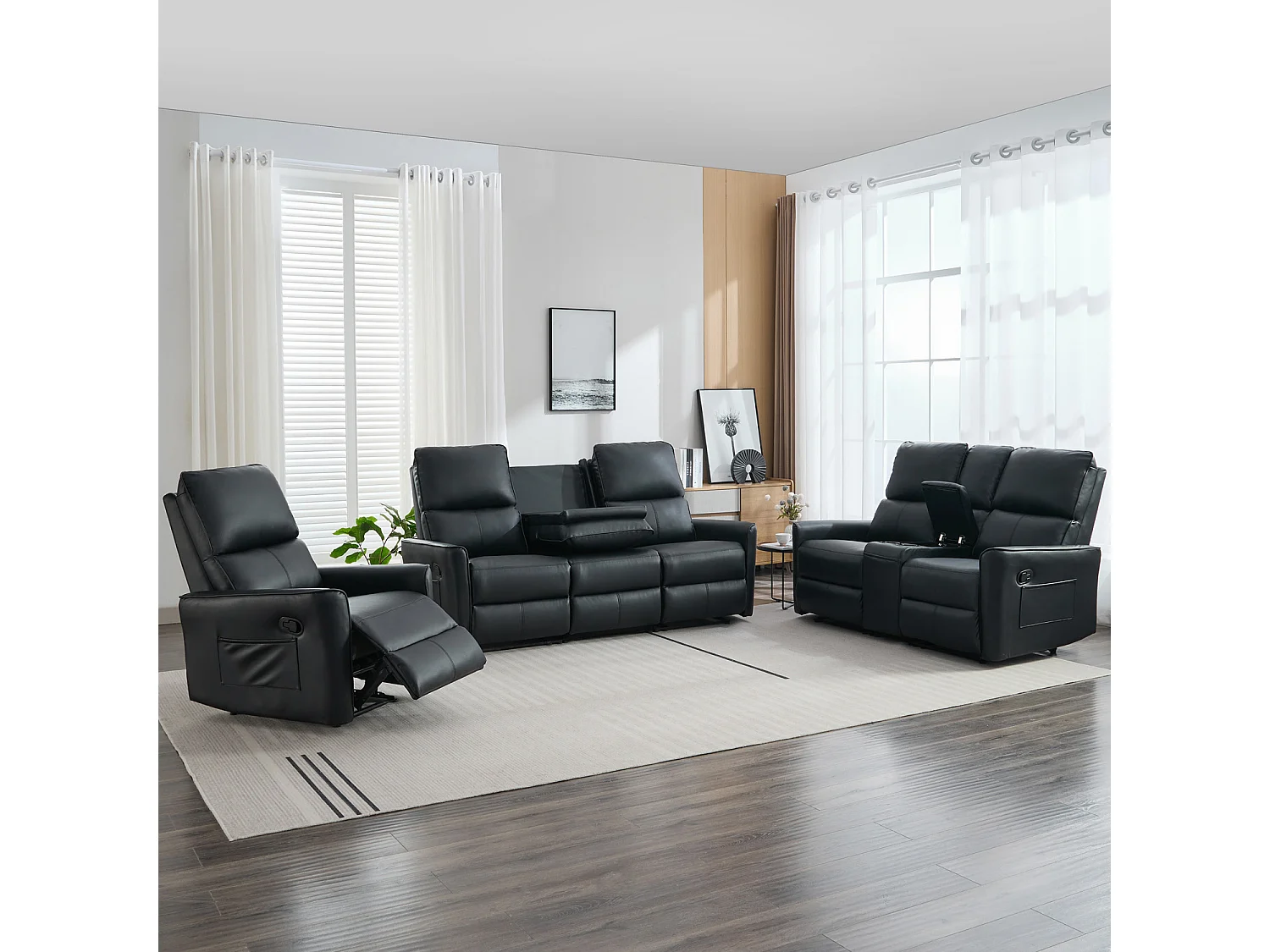 Madrid 1+2+3 Seater W Console Manual Air Leather Recliner Sofa Set
