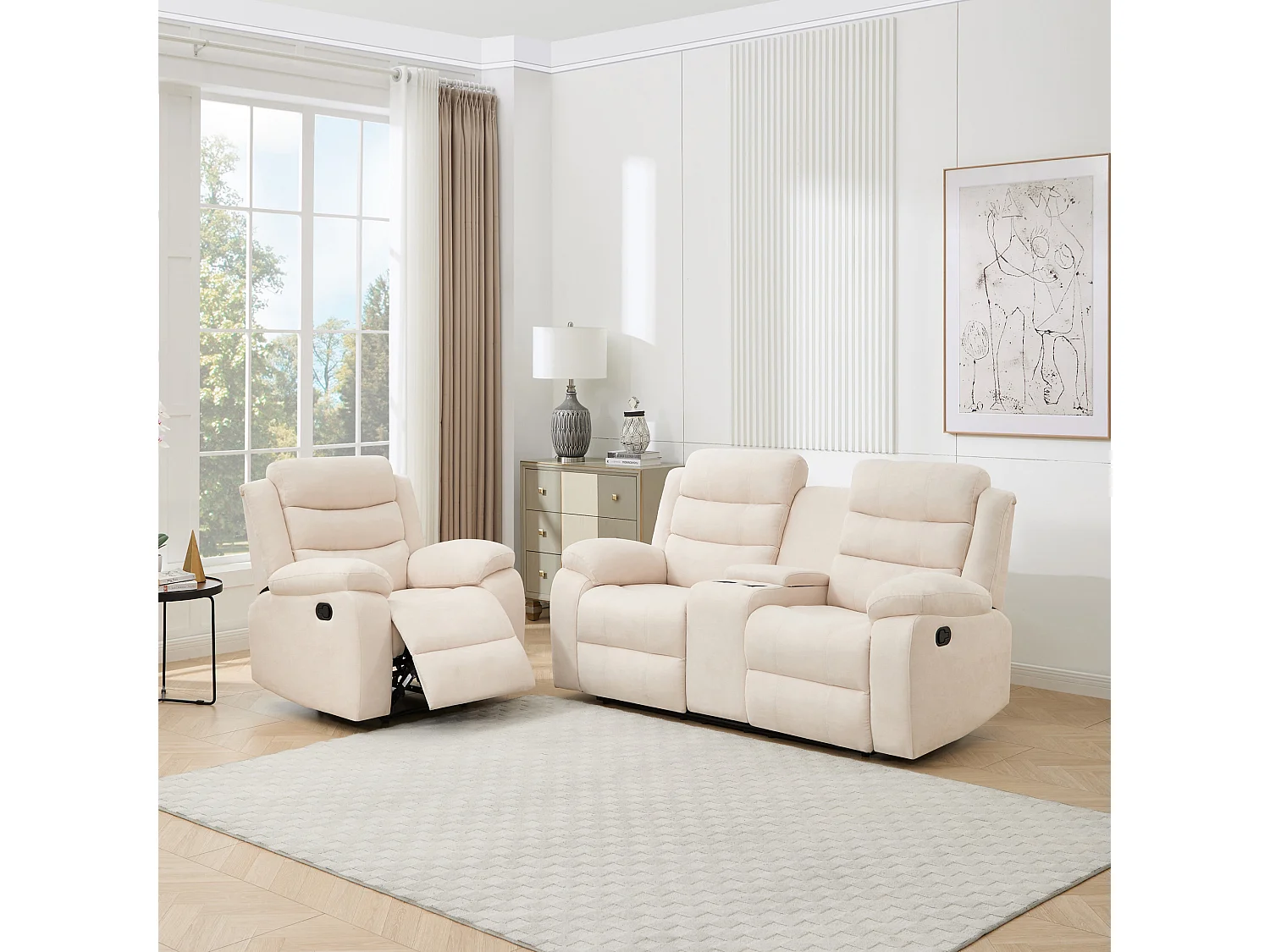 Boston Manual Recliner Fabric 1+2 Seater Sofa Set w Drinks Console