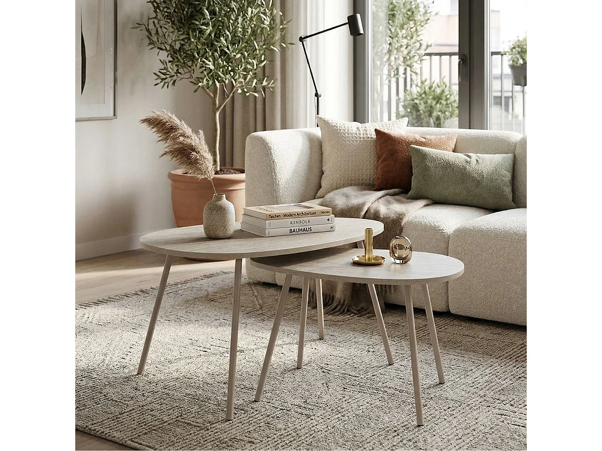 Tables gigogne plateaux aspect pierre naturelle 4 pieds métal laqué beige - SHANON