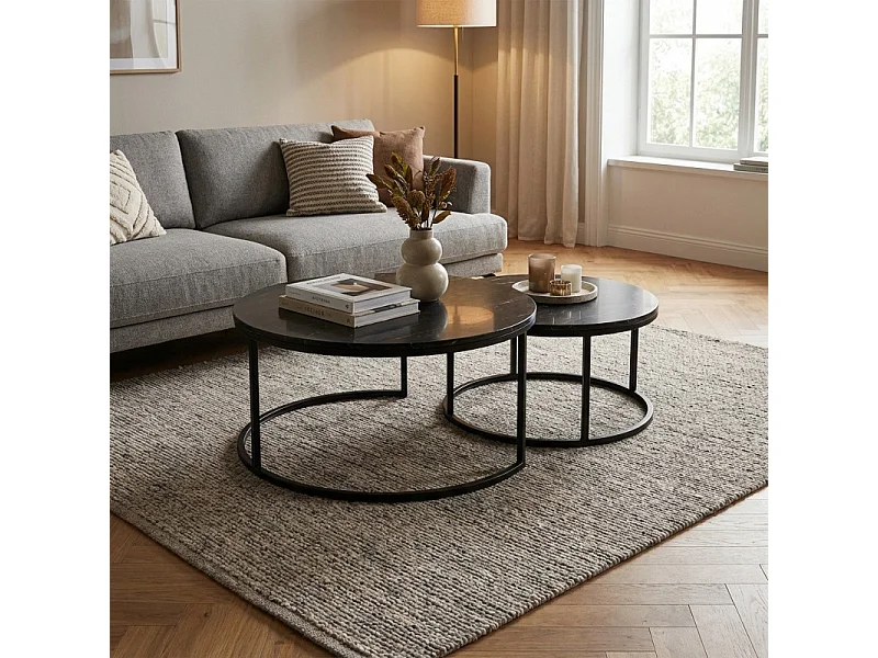 Tables basses gigognes rondes marbre noir pied métal noir – OXA