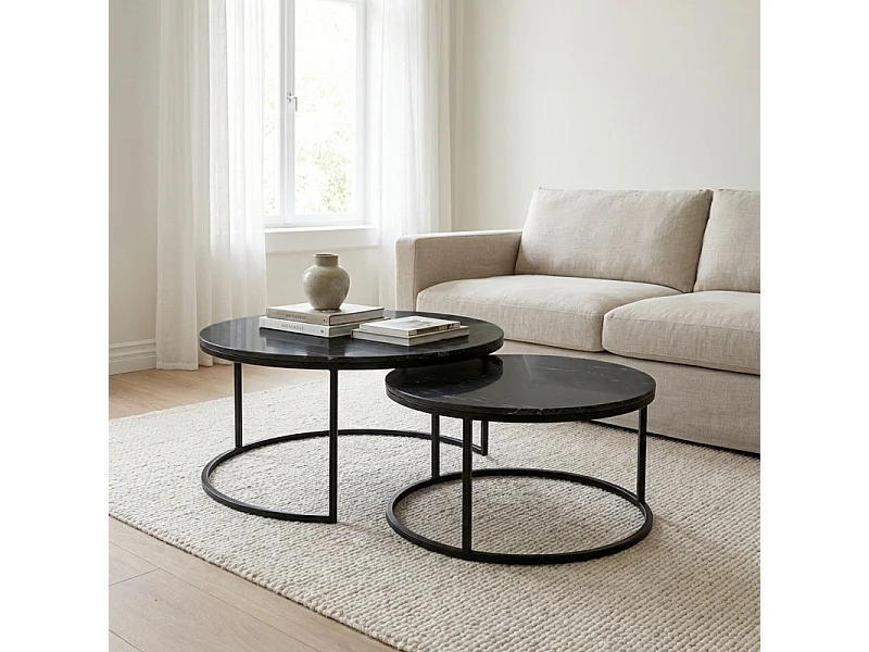 Tables basses gigognes rondes marbre noir pied métal noir – OXA
