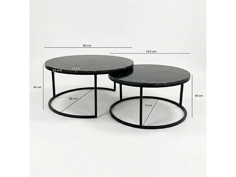 Tables basses gigognes rondes marbre noir pied métal noir – OXA