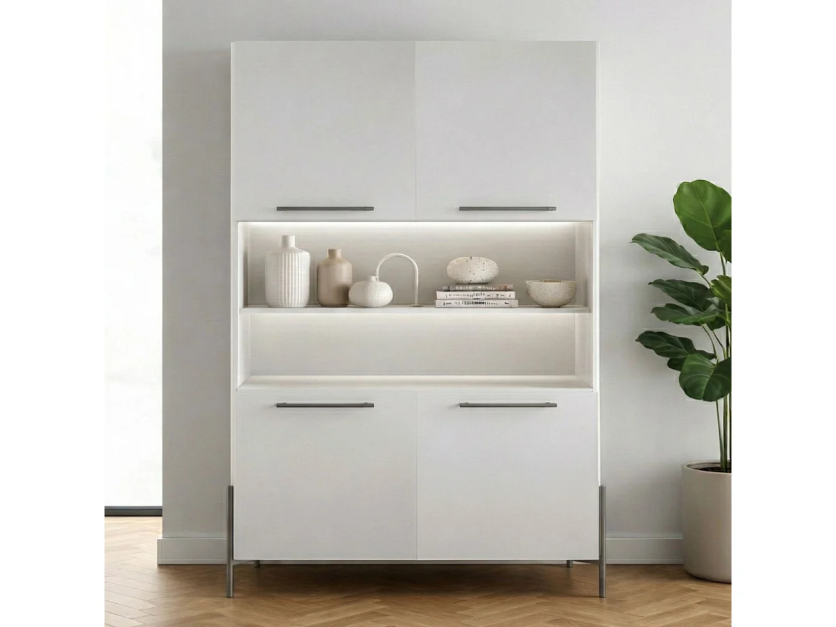 Buffet haut 4 portes laqué blanc pieds et poignées métal anthracite + Leds - CARAT