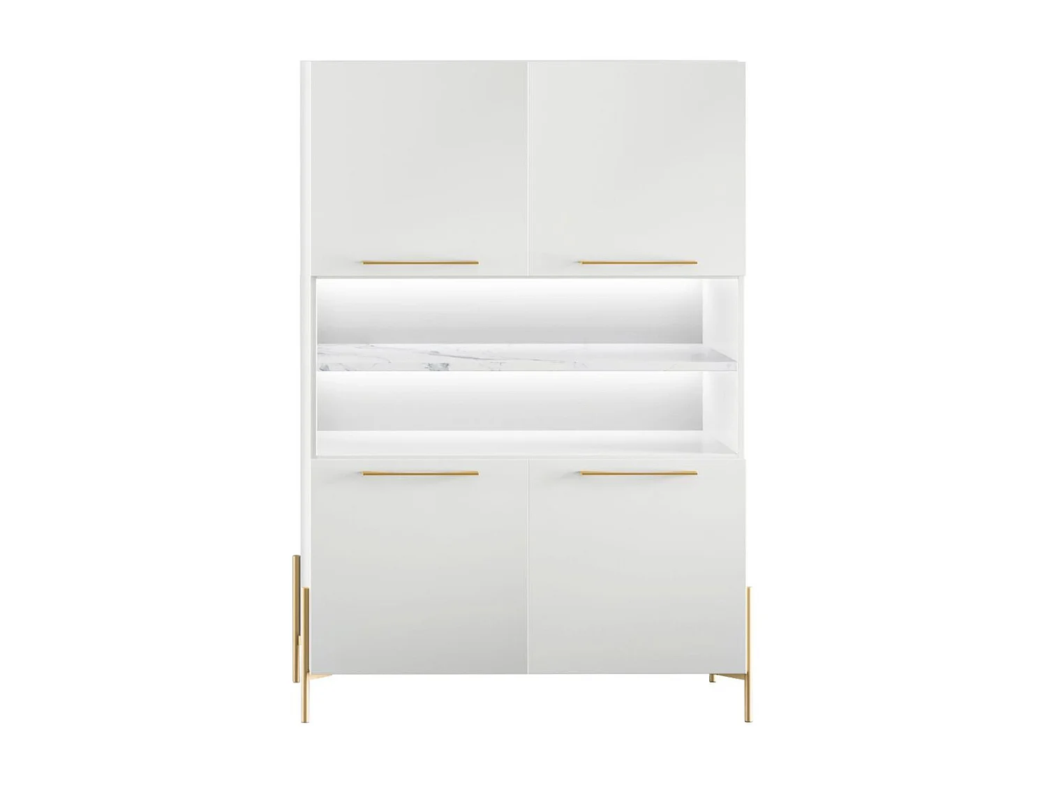 Buffet haut 4 portes laqué blanc plateau marbré pieds et poignées métal doré + Leds - CARAT