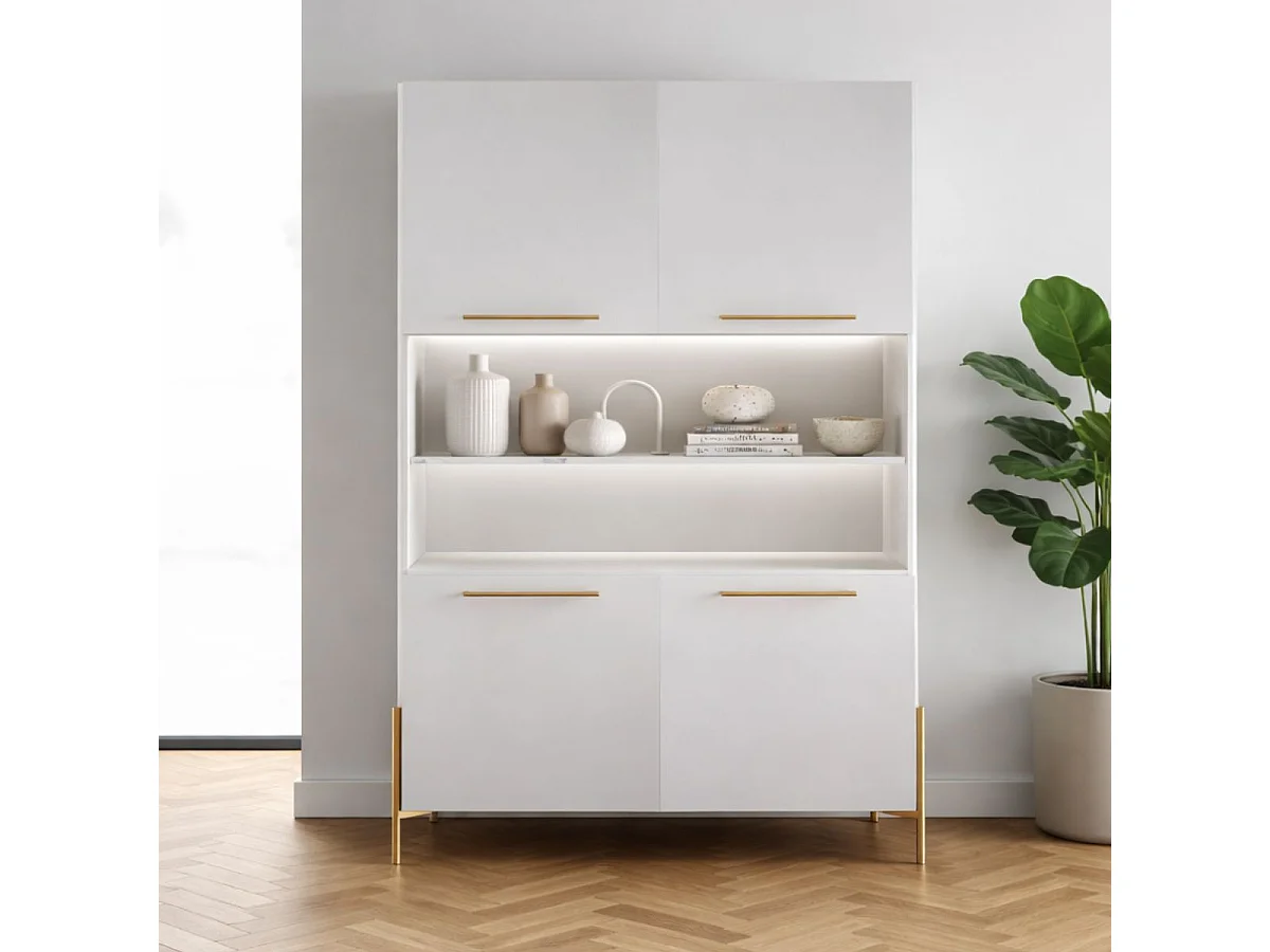 Buffet haut 4 portes laqué blanc plateau marbré pieds et poignées métal doré + Leds - CARAT