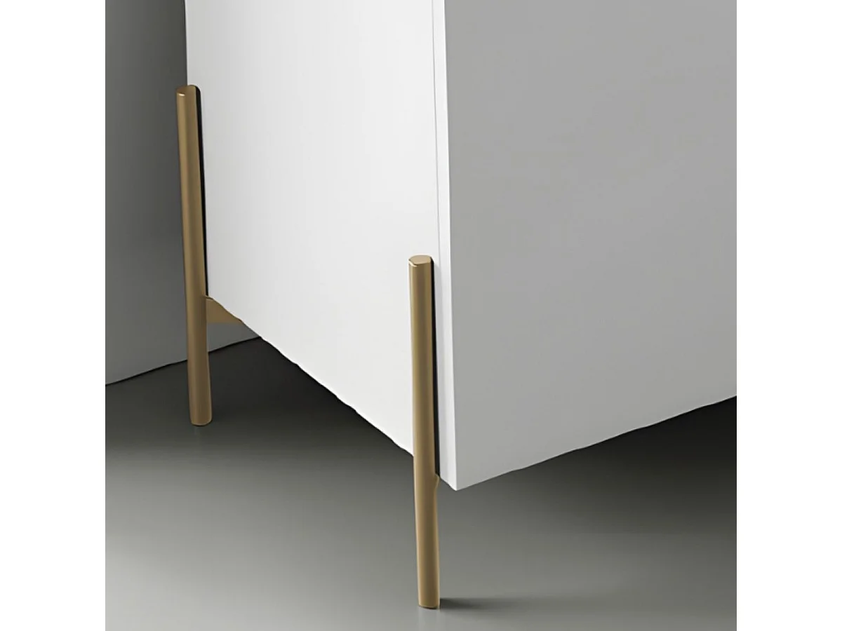 Buffet haut 4 portes laqué blanc plateau marbré pieds et poignées métal doré + Leds - CARAT