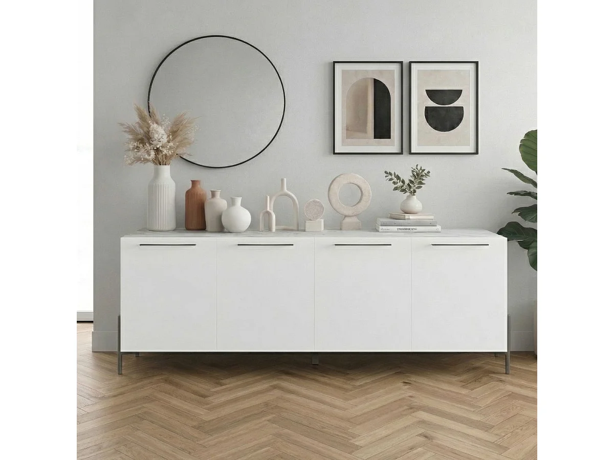 Buffet 4 portes laqué blanc plateau marbré pieds et poignées métal anthracite - CARAT