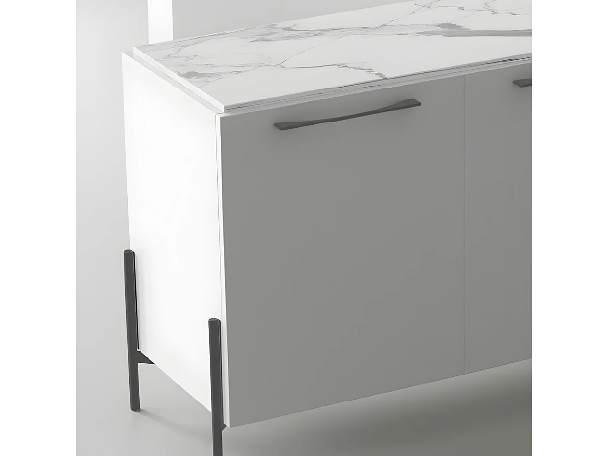 Buffet 4 portes laqué blanc plateau marbré pieds et poignées métal anthracite - CARAT
