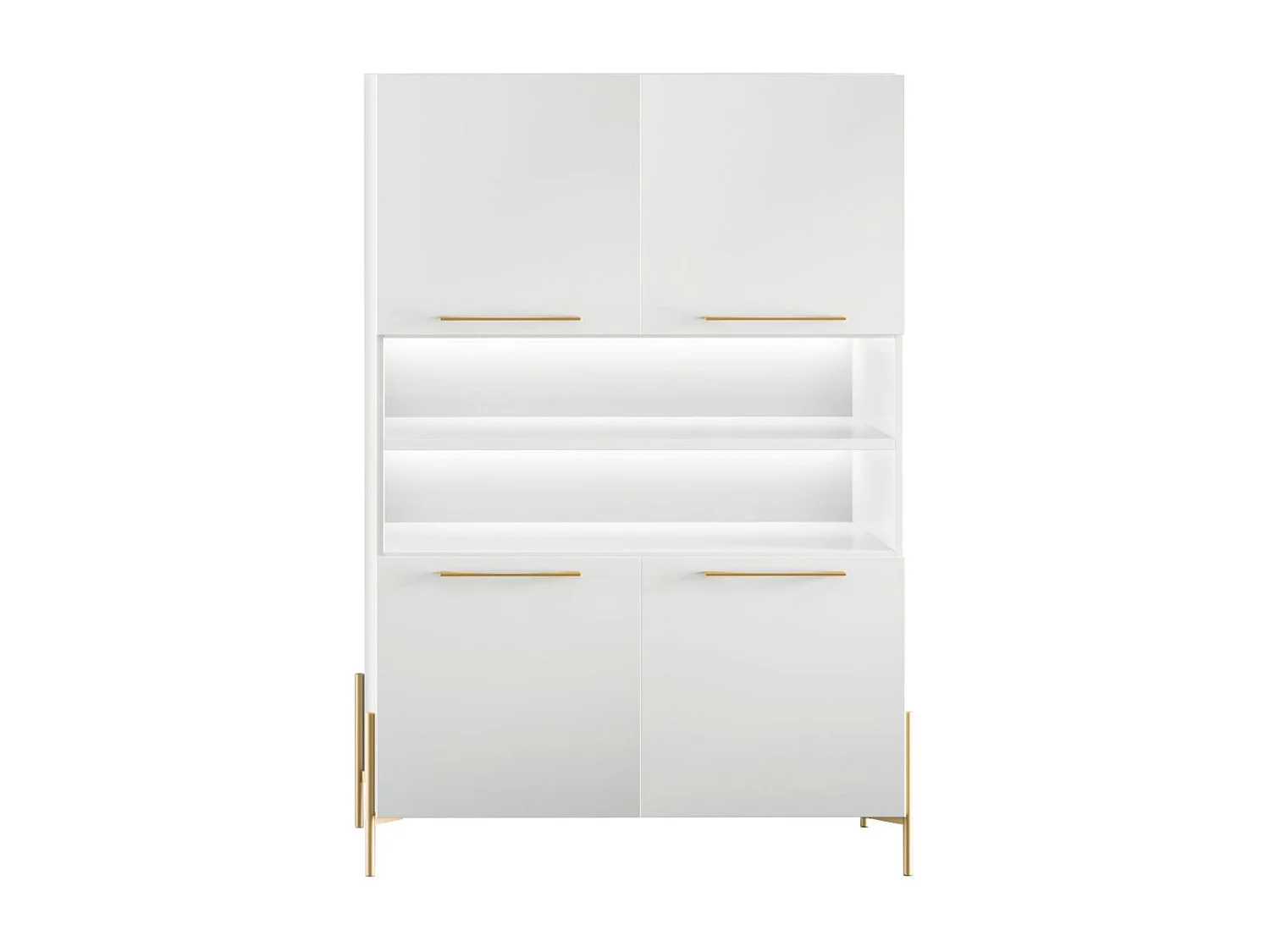 Buffet haut 4 portes laqué blanc pieds et poignées métal doré + Leds - CARAT