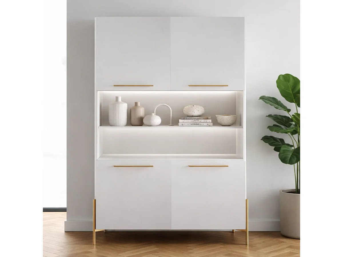Buffet haut 4 portes laqué blanc pieds et poignées métal doré + Leds - CARAT