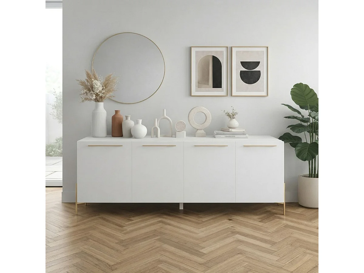 Buffet 4 portes laqué blanc pieds et poignées métal doré - CARAT