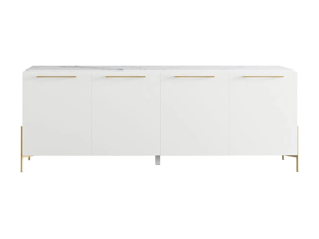 Buffet 4 portes laqué blanc plateau marbré pieds et poignées métal doré - CARAT