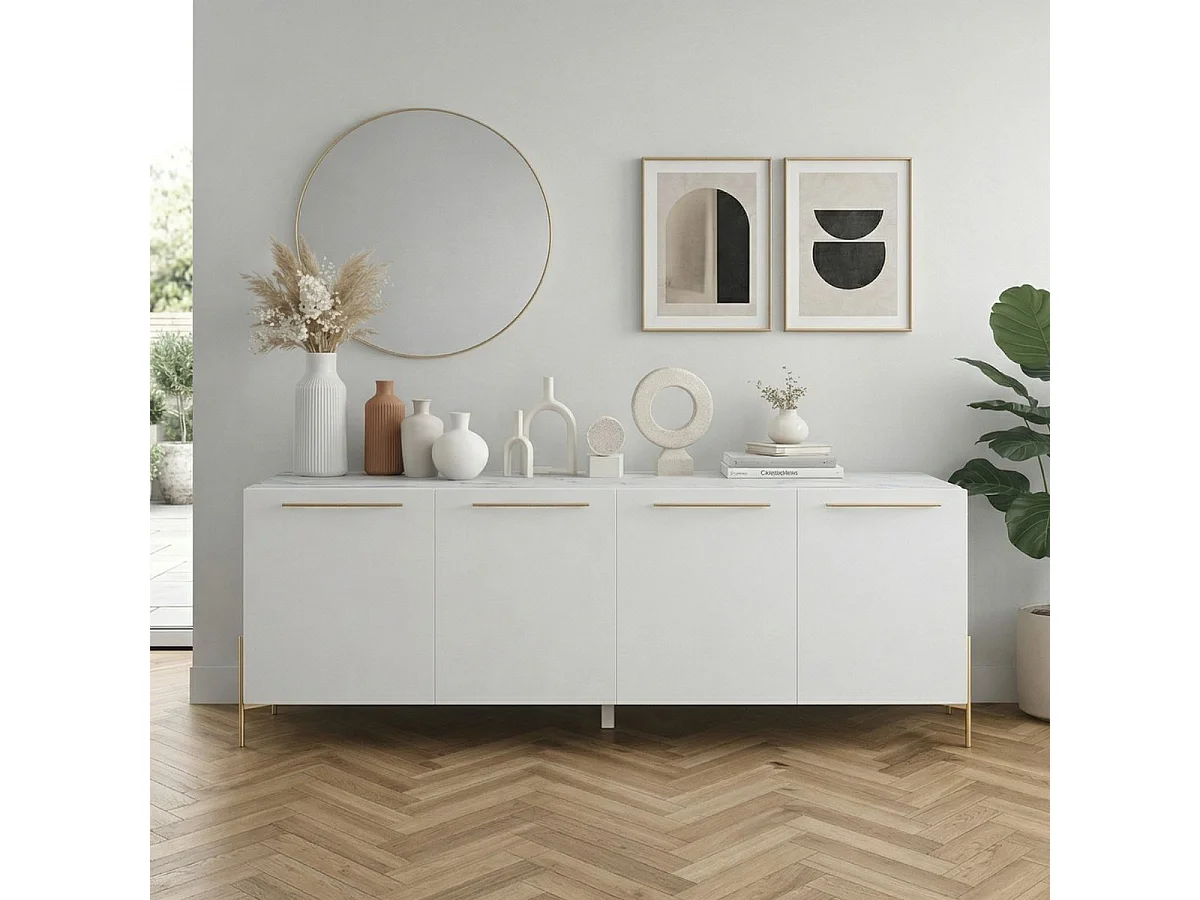 Buffet 4 portes laqué blanc plateau marbré pieds et poignées métal doré - CARAT