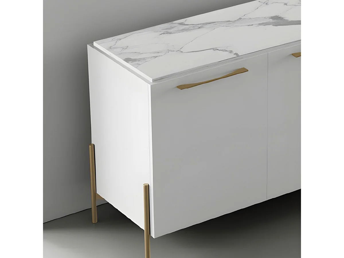 Buffet 4 portes laqué blanc plateau marbré pieds et poignées métal doré - CARAT
