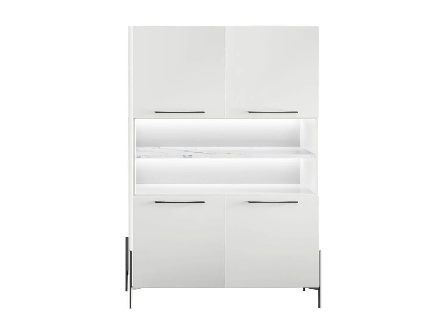 Buffet haut 4 portes laqué blanc plateau marbré pieds et poignées métal anthracite + Leds - CARAT