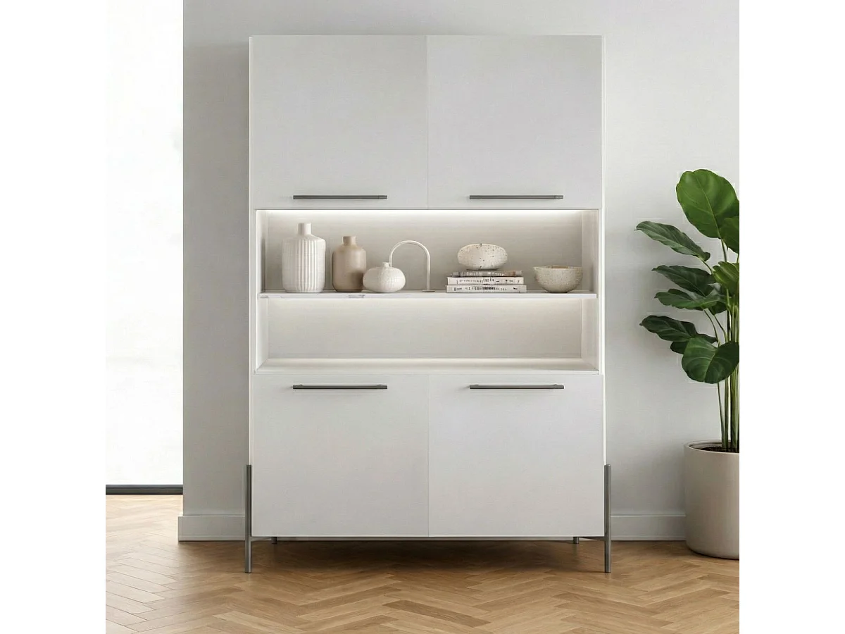 Buffet haut 4 portes laqué blanc plateau marbré pieds et poignées métal anthracite + Leds - CARAT