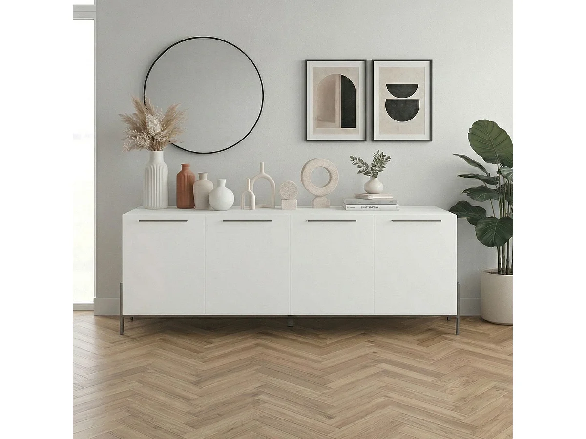 Buffet 4 portes laqué blanc pieds et poignées métal anthracite - CARAT