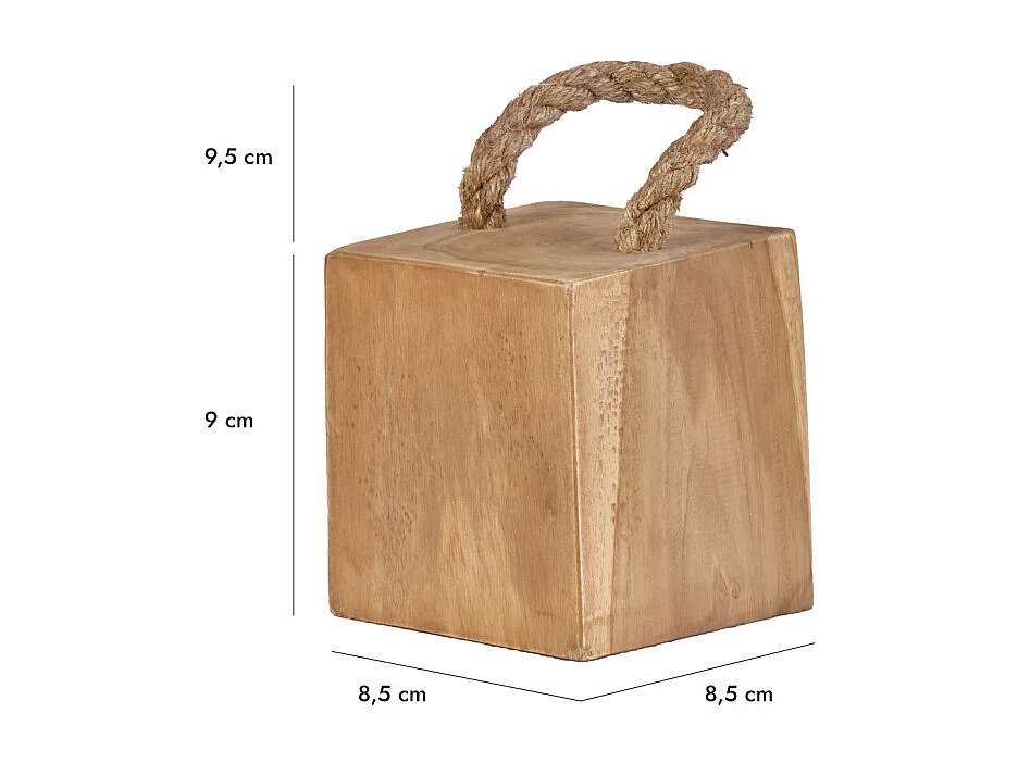 Petit presse-papier cale porte carré 9 cm en teck anse jute - DELTA