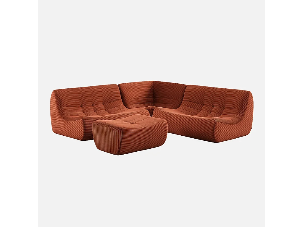 Canapé d'angle modulable 5 places avec repose pied velours côtelé terracotta - Sokol