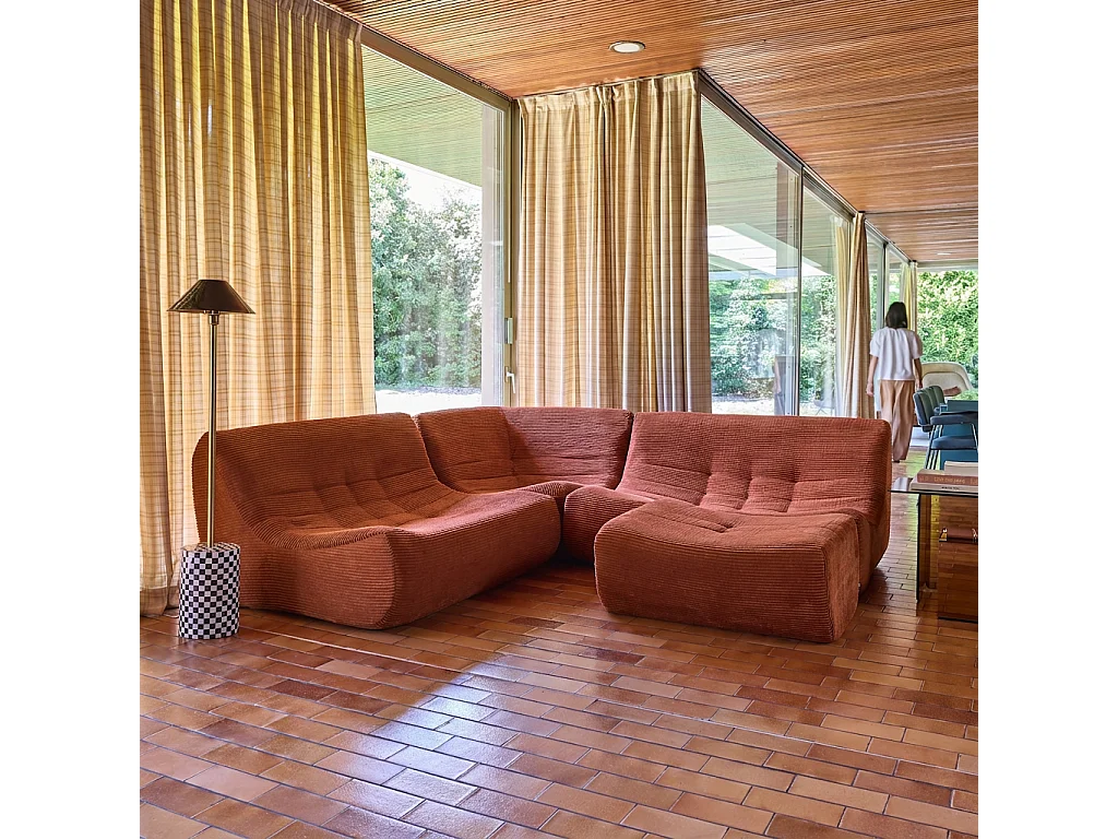 Canapé d'angle modulable 5 places avec repose pied velours côtelé terracotta - Sokol