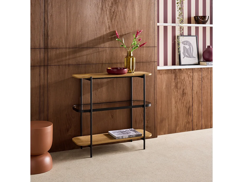 Estantería librería de vidrio, decoración de madera y metal, 3 niveles