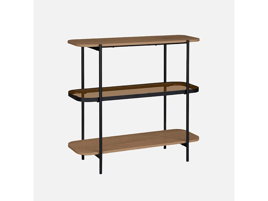 Estantería librería de vidrio, decoración de madera y metal, 3 niveles