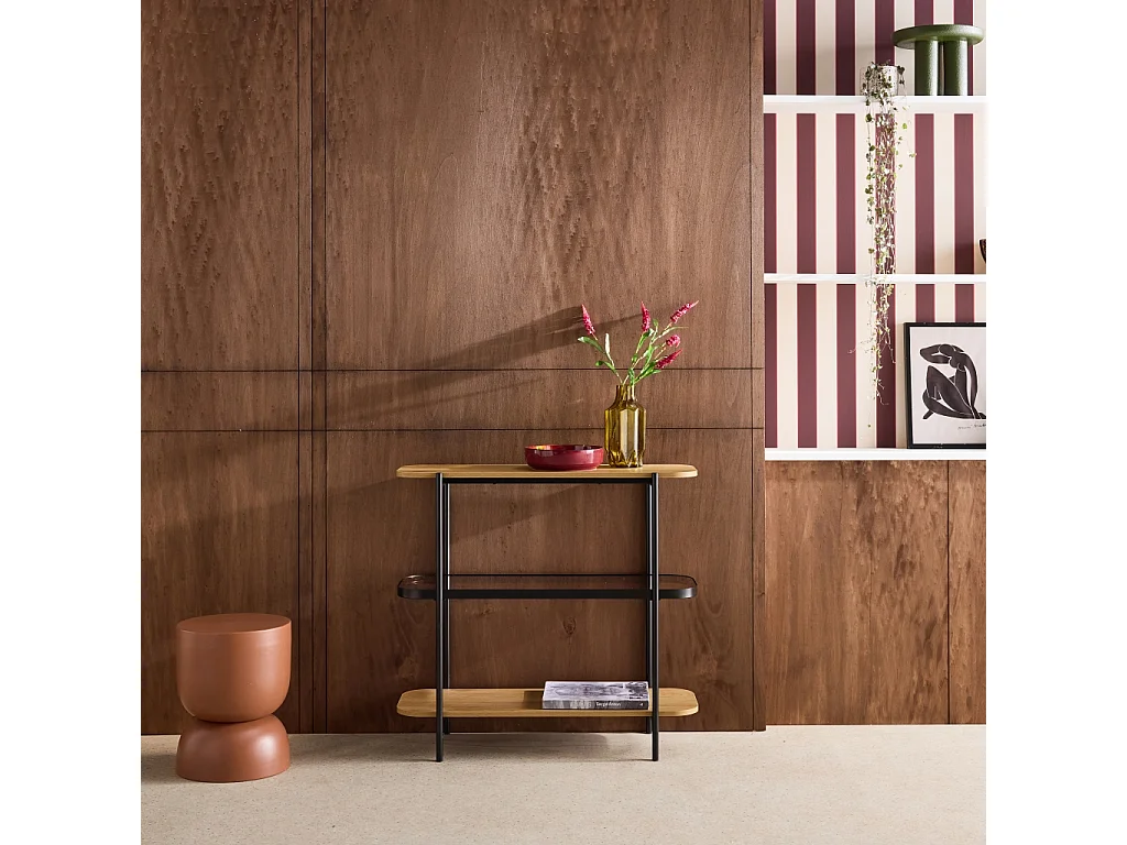 Estantería librería de vidrio, decoración de madera y metal, 3 niveles