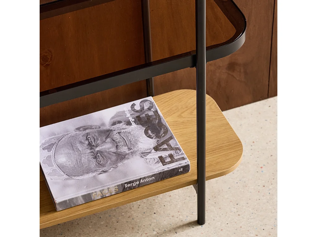 Estantería librería de vidrio, decoración de madera y metal, 3 niveles