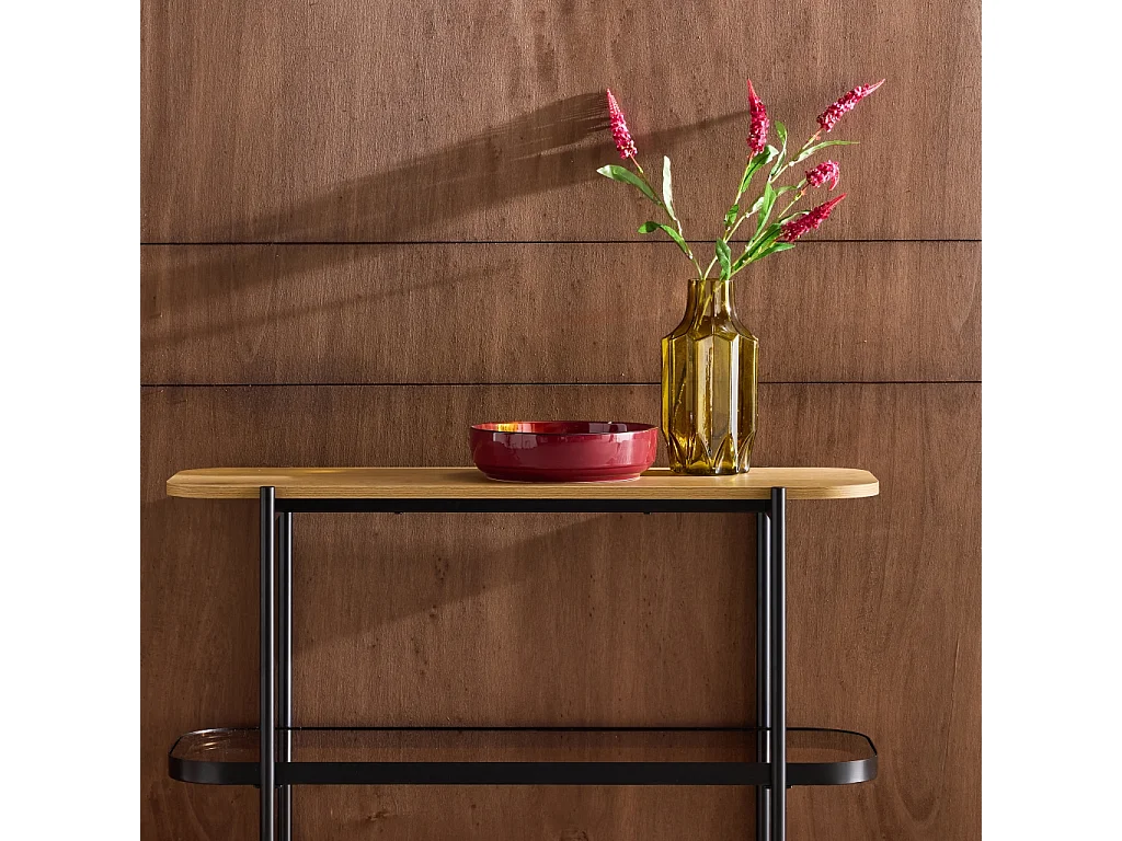 Estantería librería de vidrio, decoración de madera y metal, 3 niveles