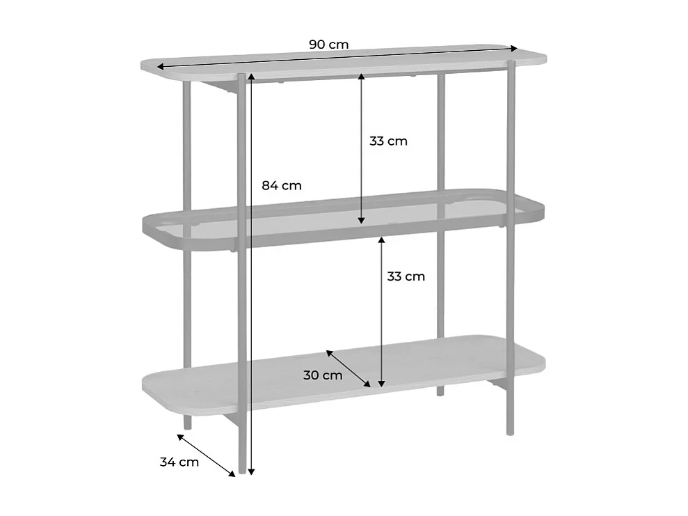 Estantería librería de vidrio, decoración de madera y metal, 3 niveles