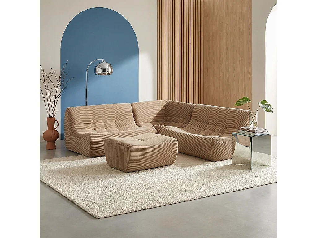 Canapé d'angle modulable 5 places avec repose pied velours côtelé beige foncé - Sokol