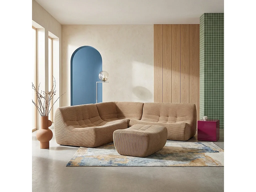 Canapé d'angle modulable 5 places avec repose pied velours côtelé beige foncé - Sokol