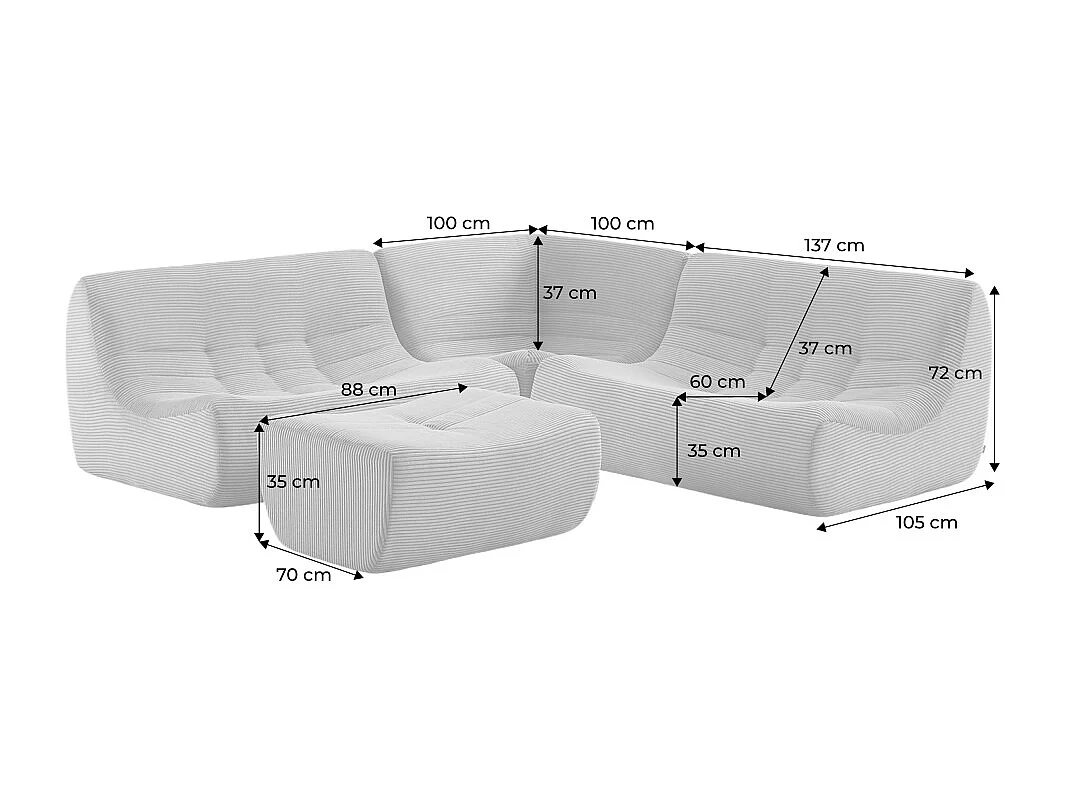 Canapé d'angle modulable 5 places avec repose pied velours côtelé beige foncé - Sokol