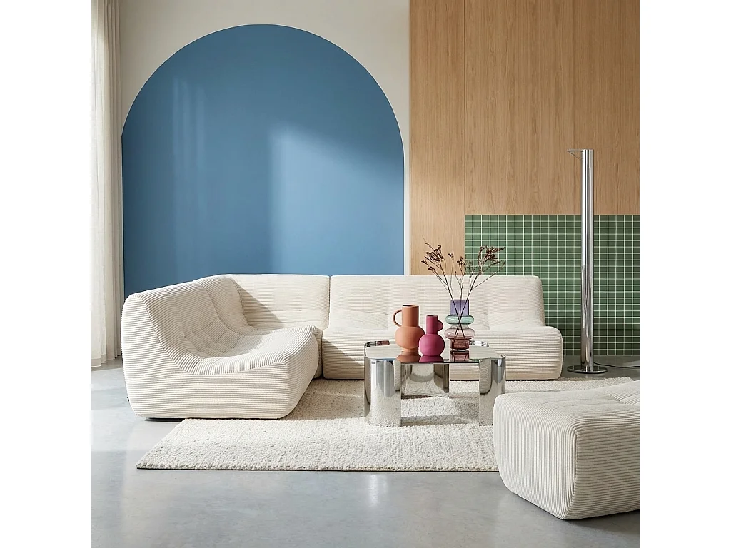 Canapé d'angle modulable 5 places avec repose pied velours côtelé crème - Sokol