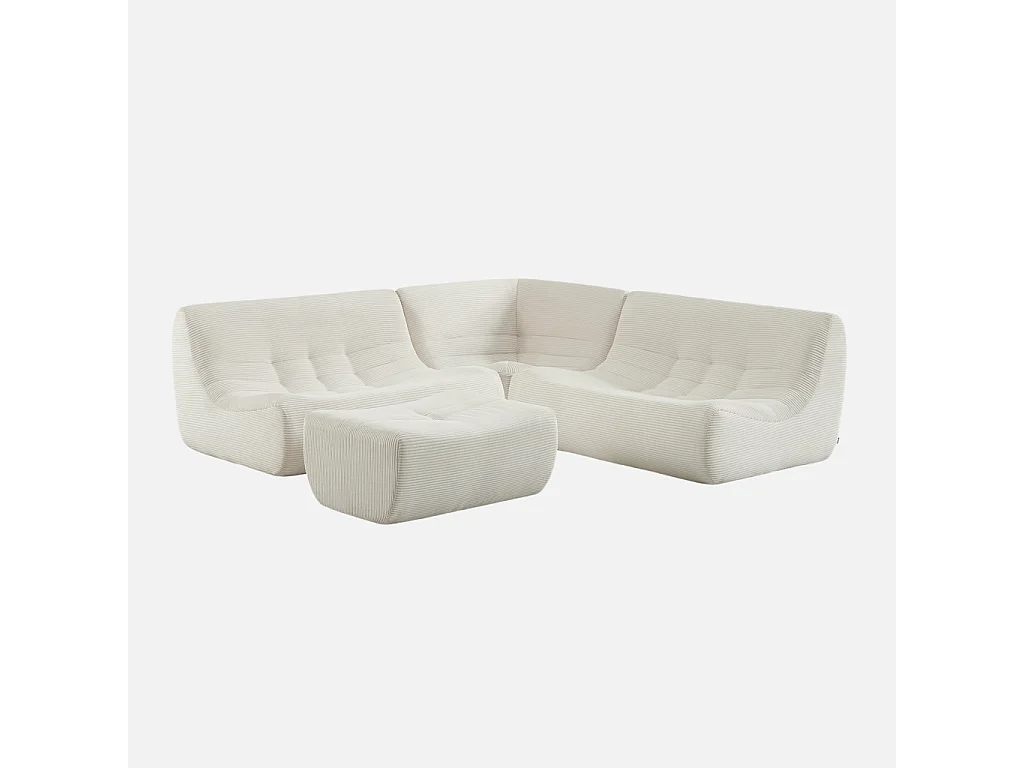 Canapé d'angle modulable 5 places avec repose pied velours côtelé crème - Sokol