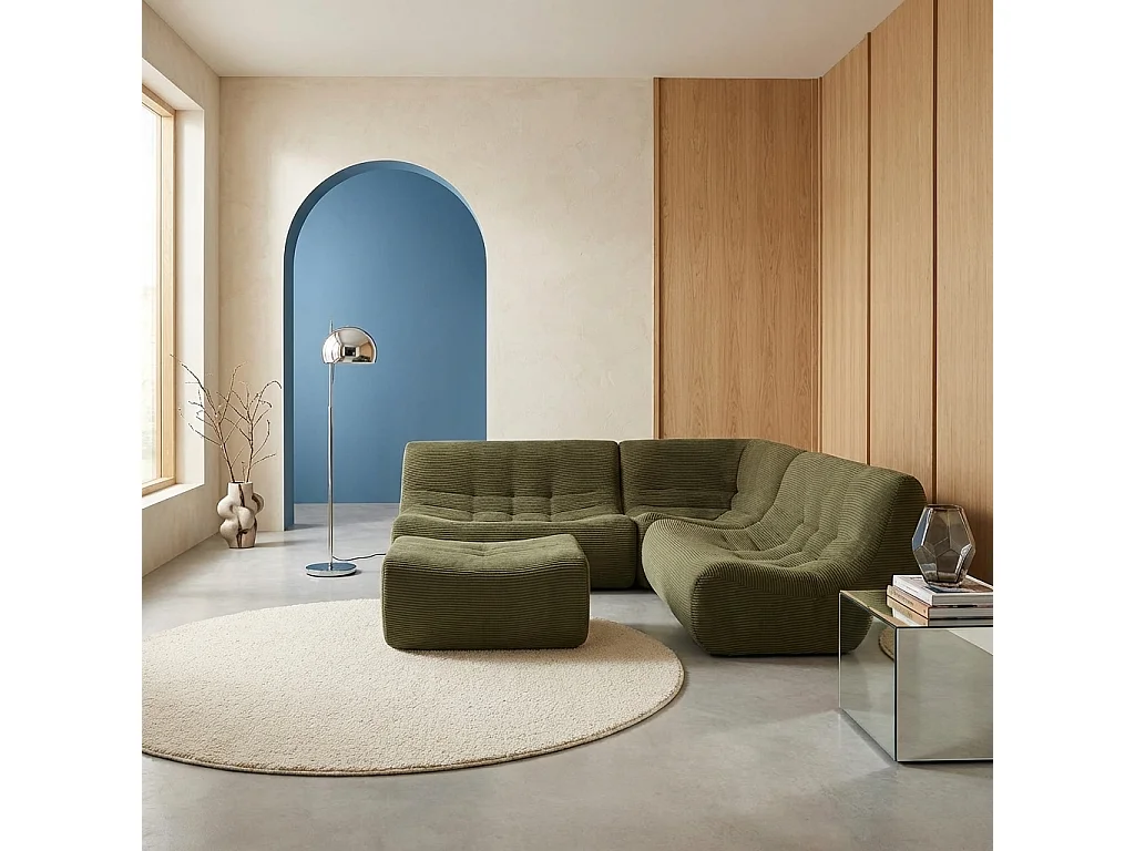 Canapé d'angle modulable 5 places avec repose pied velours côtelé kaki - Sokol