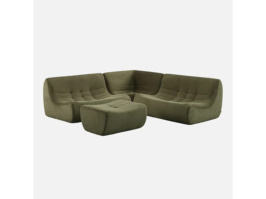 Canapé d'angle modulable 5 places avec repose pied velours côtelé kaki - Sokol