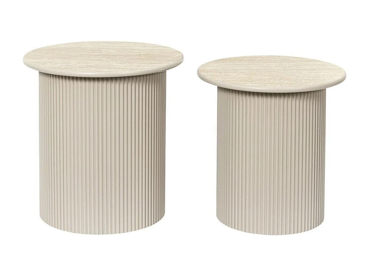 Tables gigogne plateaux aspect pierre naturelle pied central laqué beige - SHANON