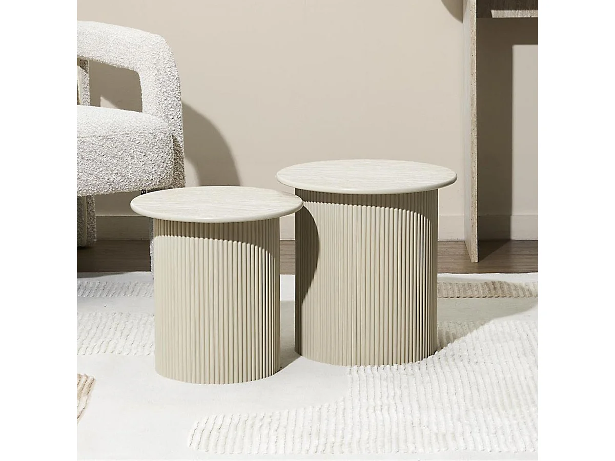 Tables gigogne plateaux aspect pierre naturelle pied central laqué beige - SHANON