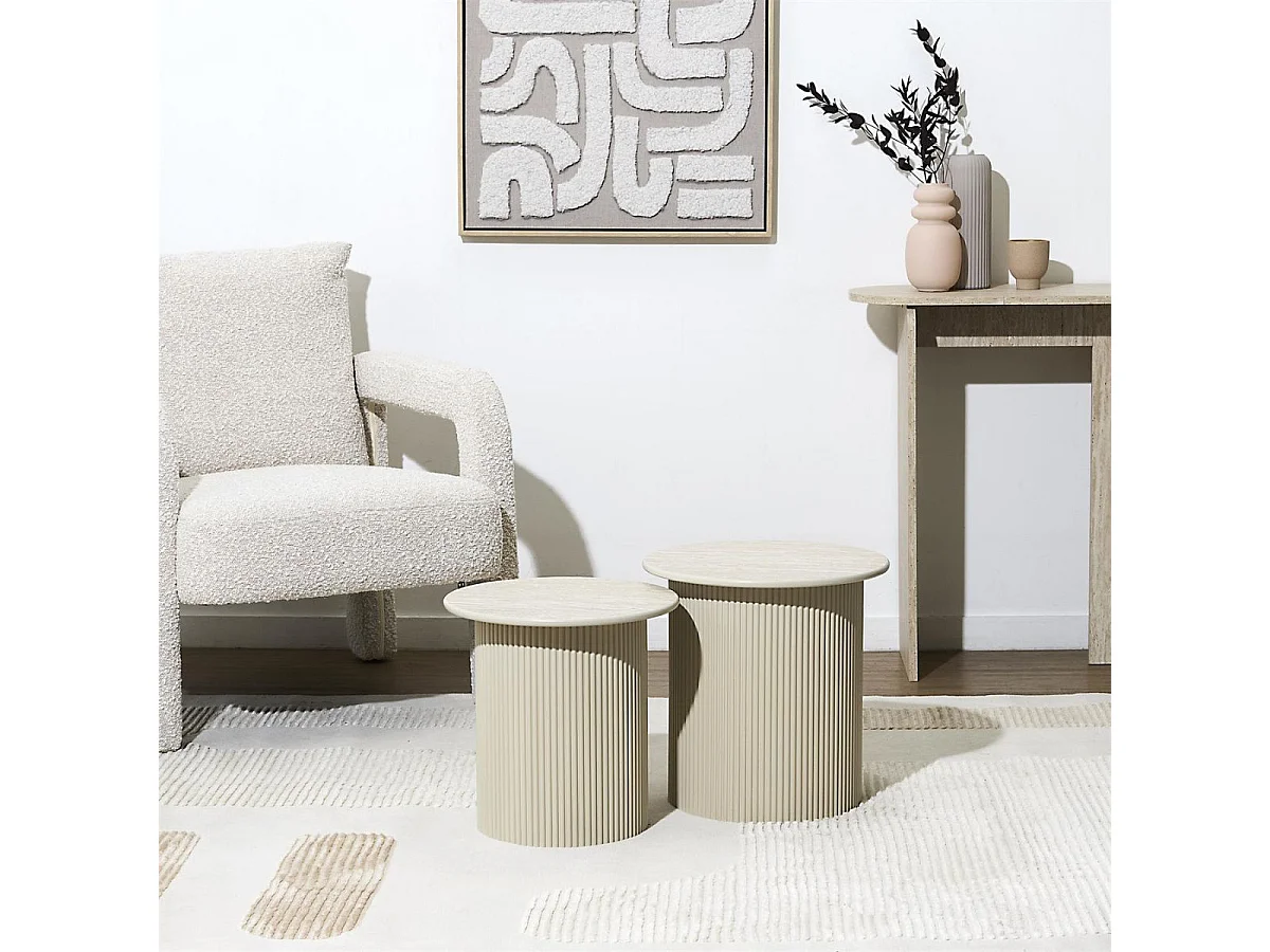 Tables gigogne plateaux aspect pierre naturelle pied central laqué beige - SHANON