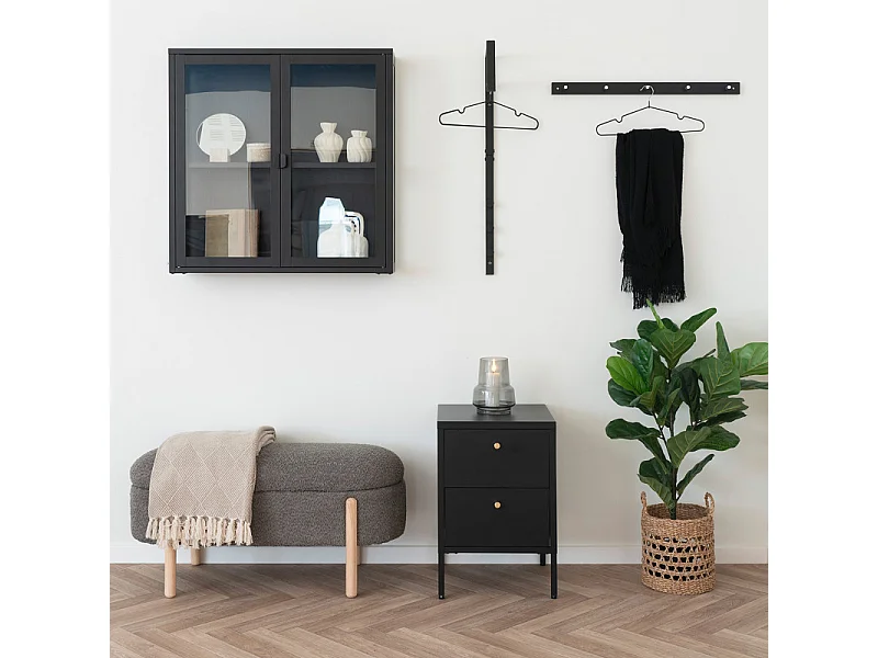 MAINE-Vitrine suspendue 2 portes vitrées acier noir 80x80 cm